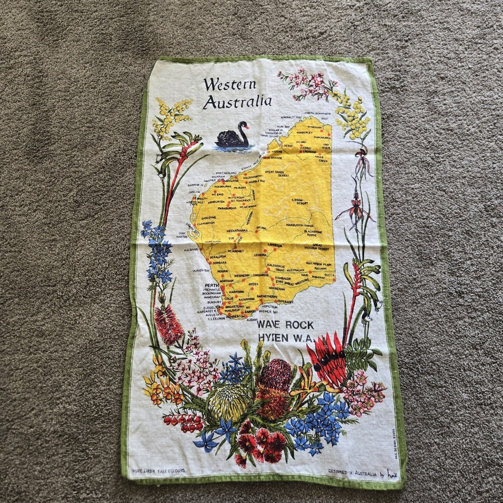 MAP of WESTERN AUSTRALIA LINEN/COTTON‎ TEA TOWEL SOUVENIR - DESIGNED by HEIL